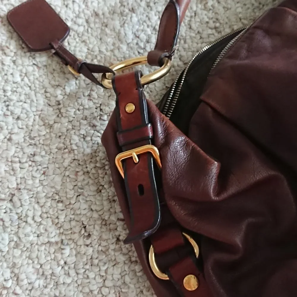 PRADA coffee brown calfskin leather Hobo Bag